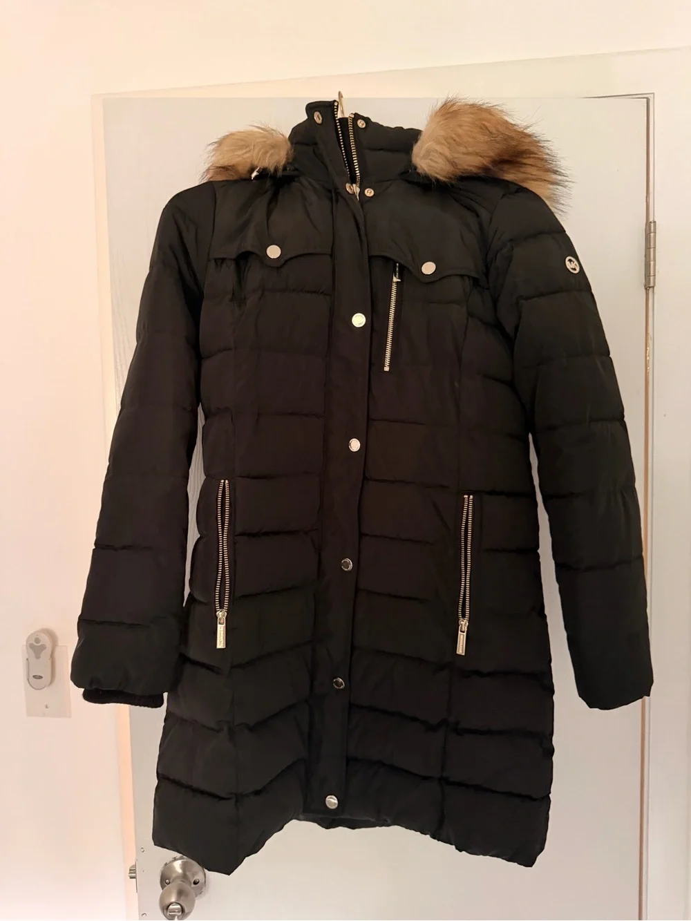 Michael Kors Black Quilted Puffer Coat with Faux Fur Trim